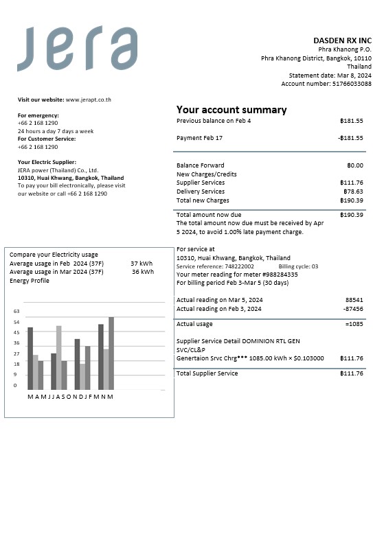 Thailand JERA power business utility bill template in Word and PDF formats